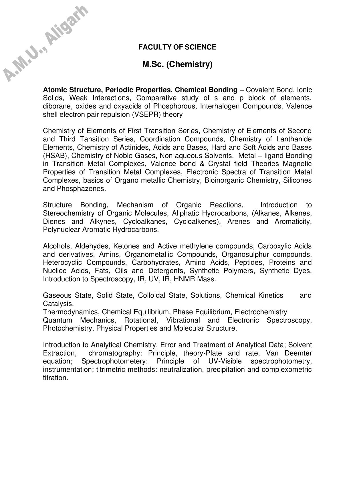 AMU Entrance Exam: M.Sc. Chemistry Syllabus - Page 1