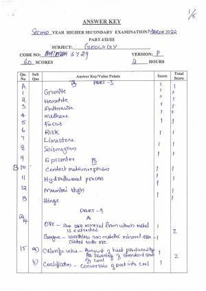 Kerala Plus Two (Class 12th)  Answer Key 2022 - Geology