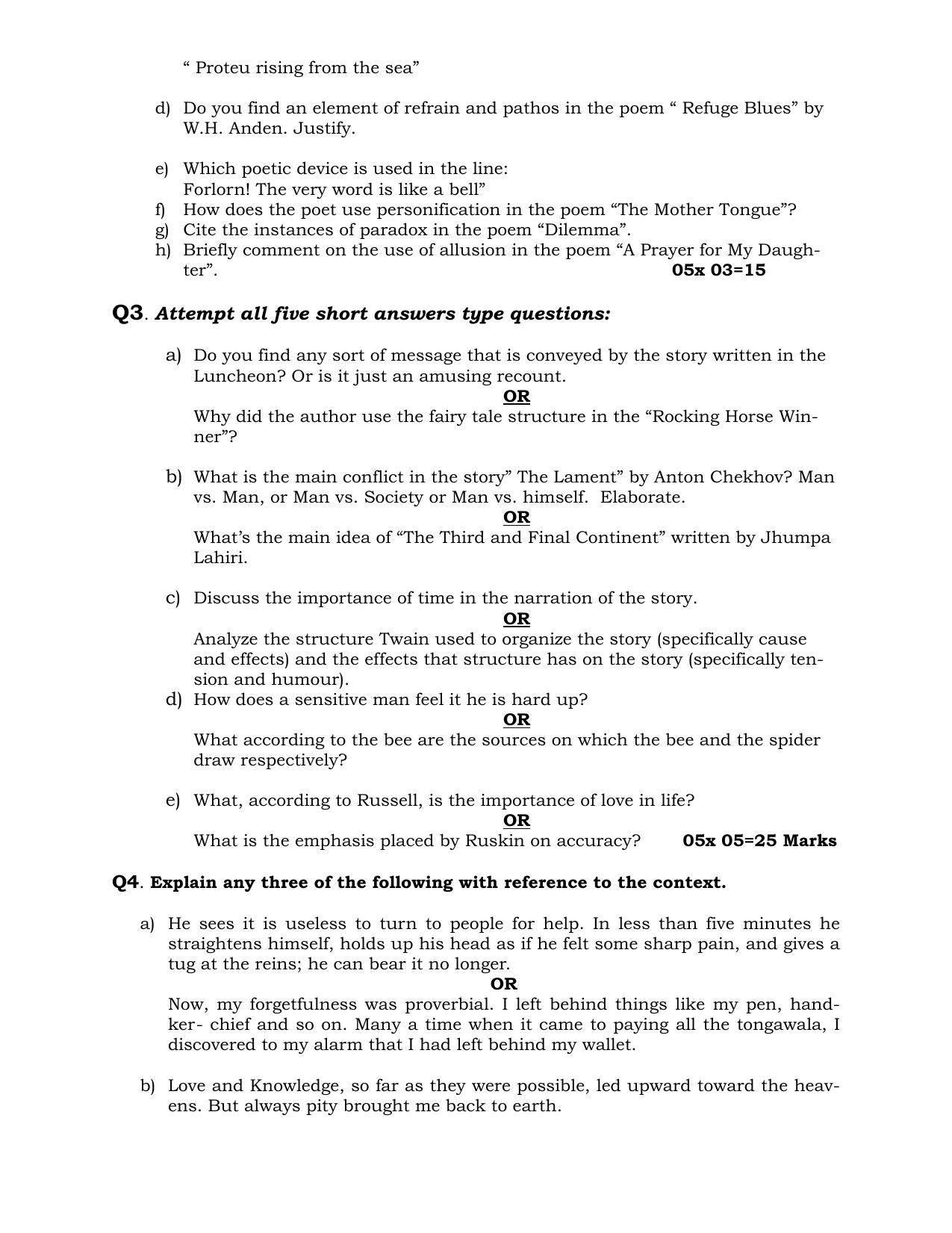 JKBOSE Class 11 Eng Literature Model Question Paper - Page 3