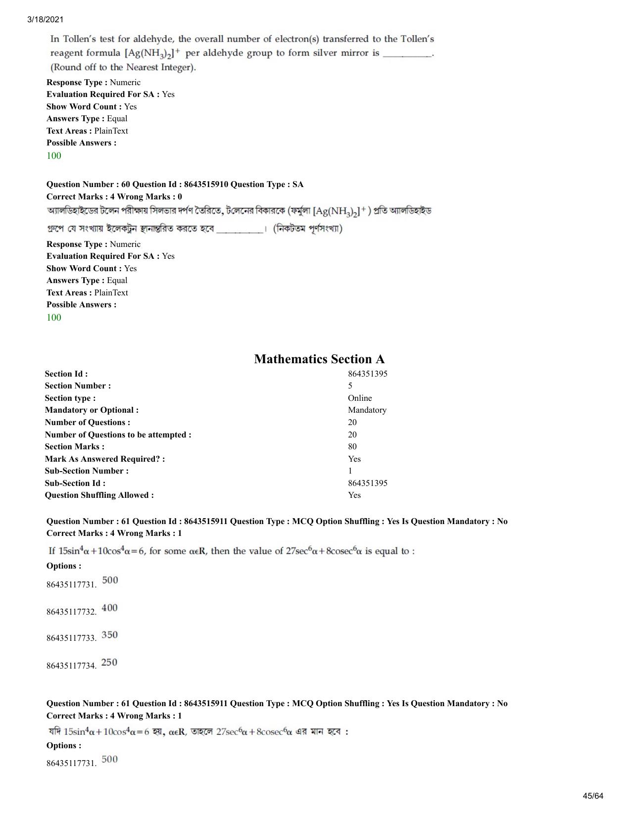 JEE Mains 2021: BTech EB (Shift 2) 18-03-2021 Question Paper - Page 45