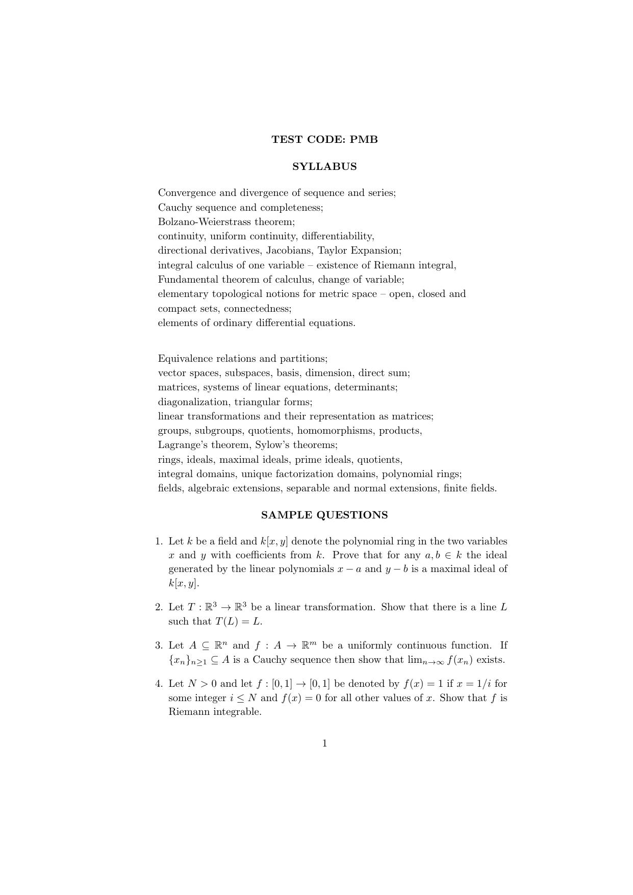 ISI Admission Test M.Math. PMB 2015 Sample Paper - Page 1