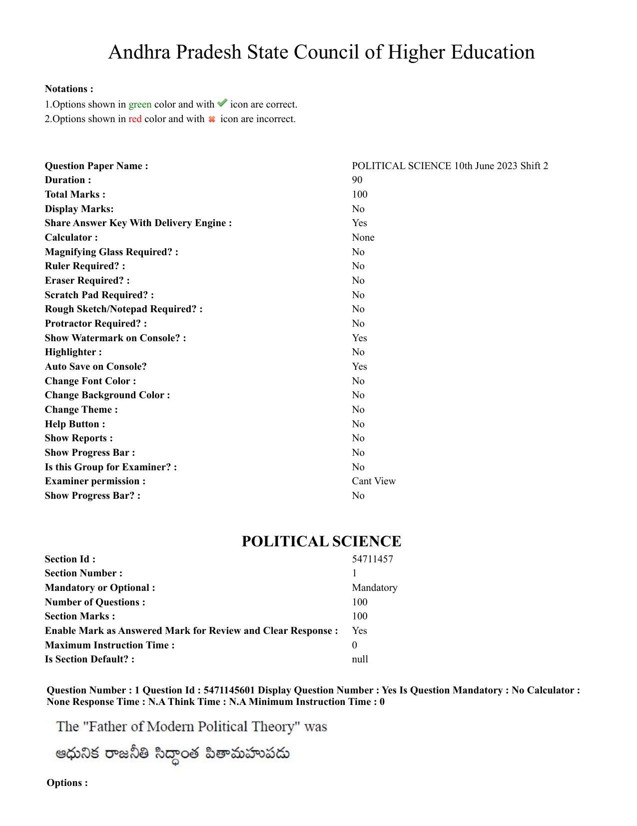 AP PGCET 2023 Political Science Paper with Answer Key - Page 1