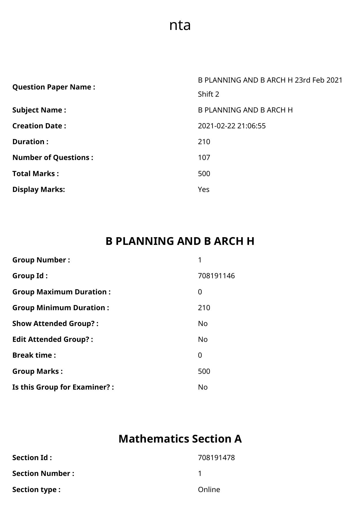 JEE Mains 2021: B Arch & B Planning Hindi (Shift 2) 23-02-2021 Question Paper - Page 1