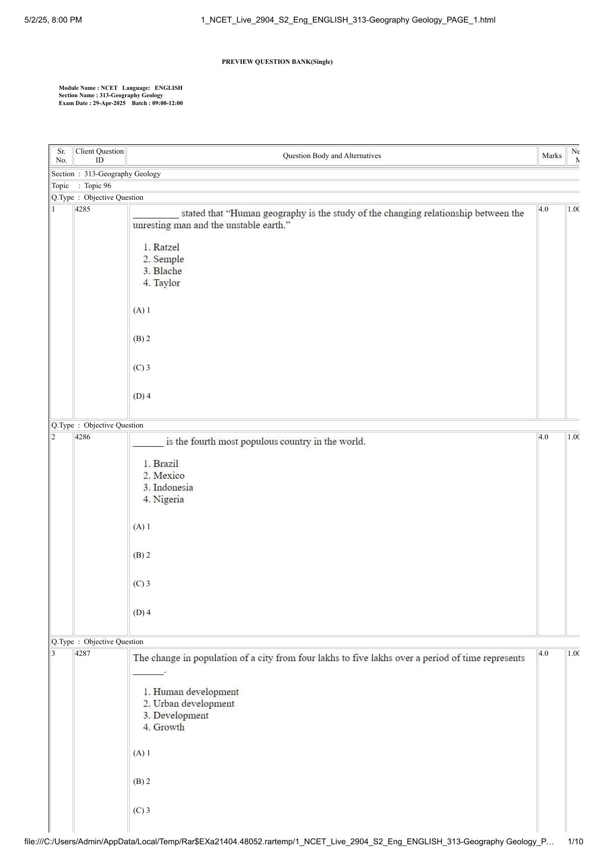 NCET 2025 Question Paper - Geography Geology - Page 1