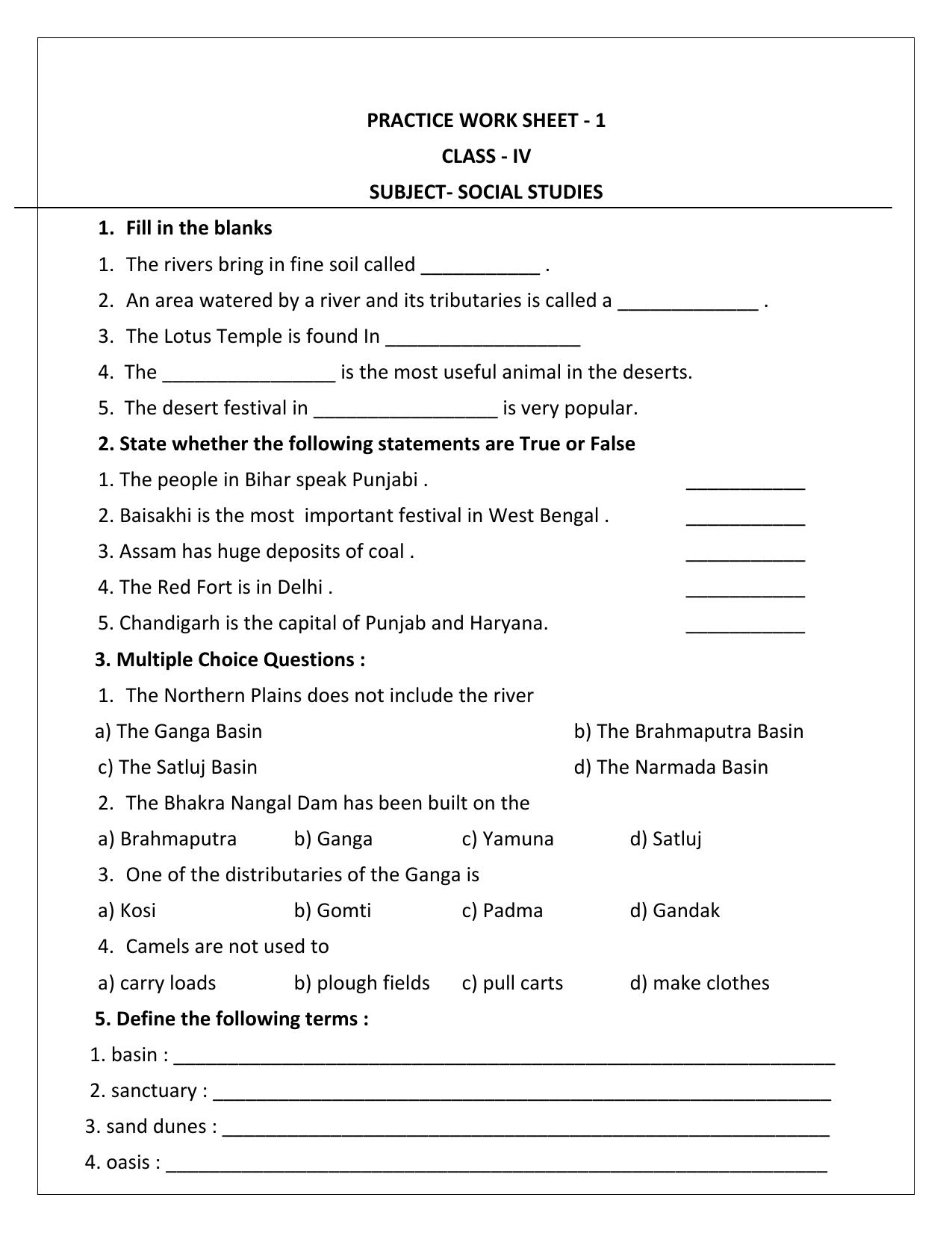 Worksheet for Class 4 Social Science Assignment 5 - Page 1