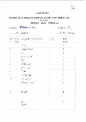 Kerala Plus Two (Class 12th) Answer Key 2022 - Urdu Optional