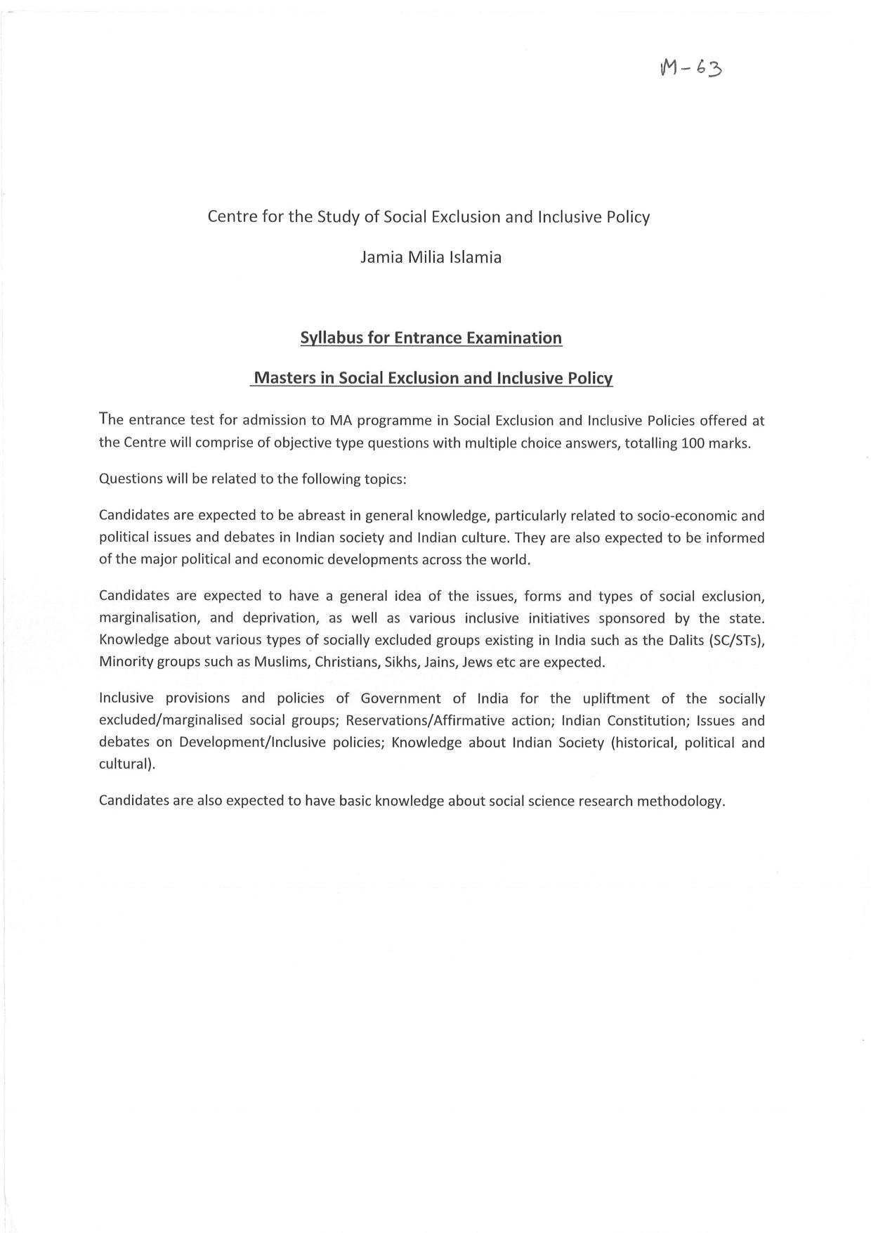 JMI Entrance Exam M63-M.A. (Social Exclusion & Inclusive Policy) Syllabus - Page 1