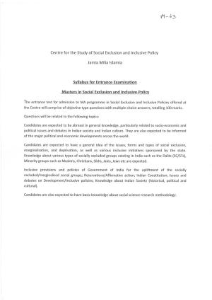 JMI Entrance Exam M63-M.A. (Social Exclusion & Inclusive Policy) Syllabus