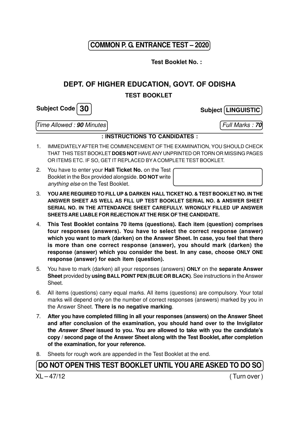Odisha CPET LINGUISTIC 2020 Question Paper - Page 1