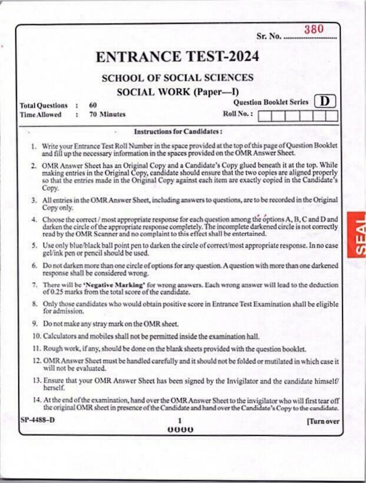 KUET 2024 M.A. Social Work Question Paper - Page 1