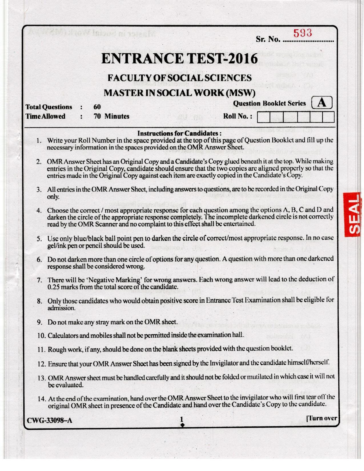 KUET 2024 M.A. Social Work Question Paper - Page 55