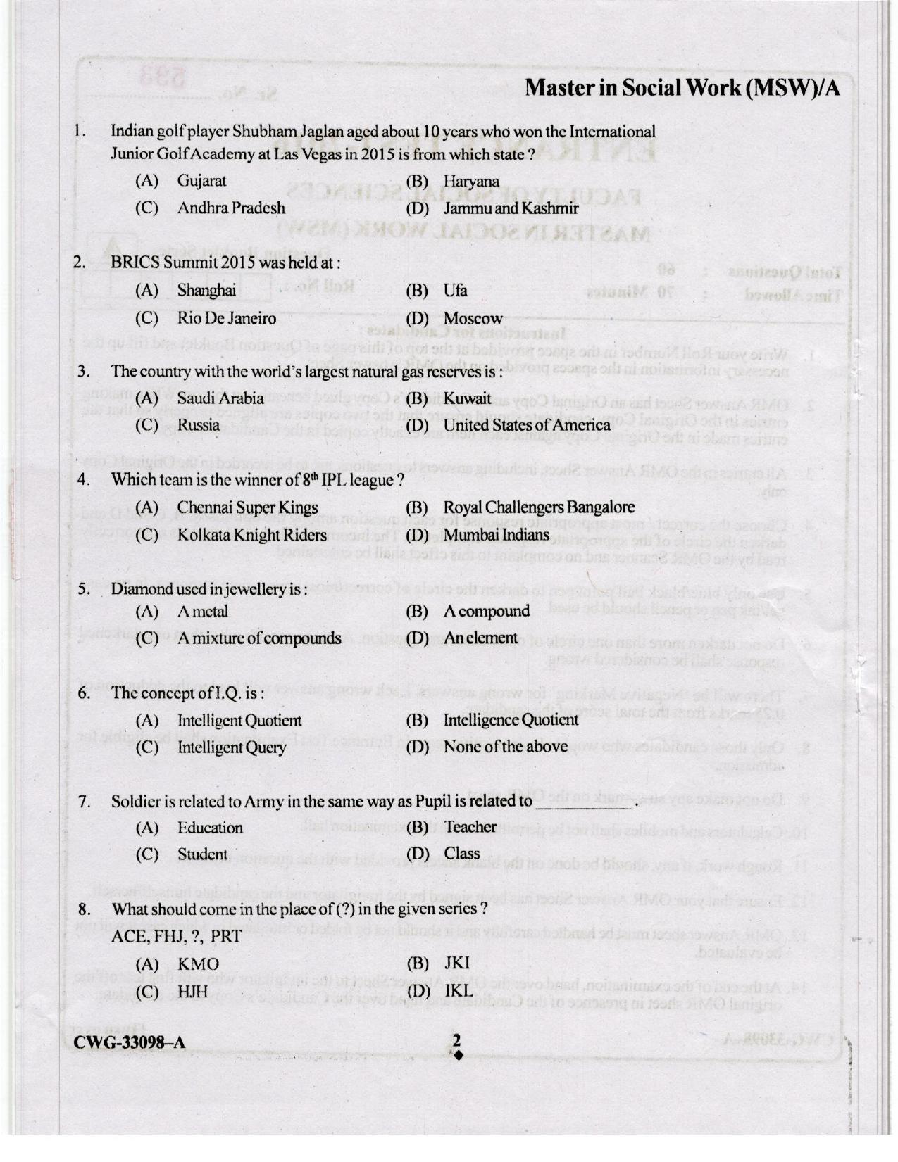 KUET 2024 M.A. Social Work Question Paper - Page 56