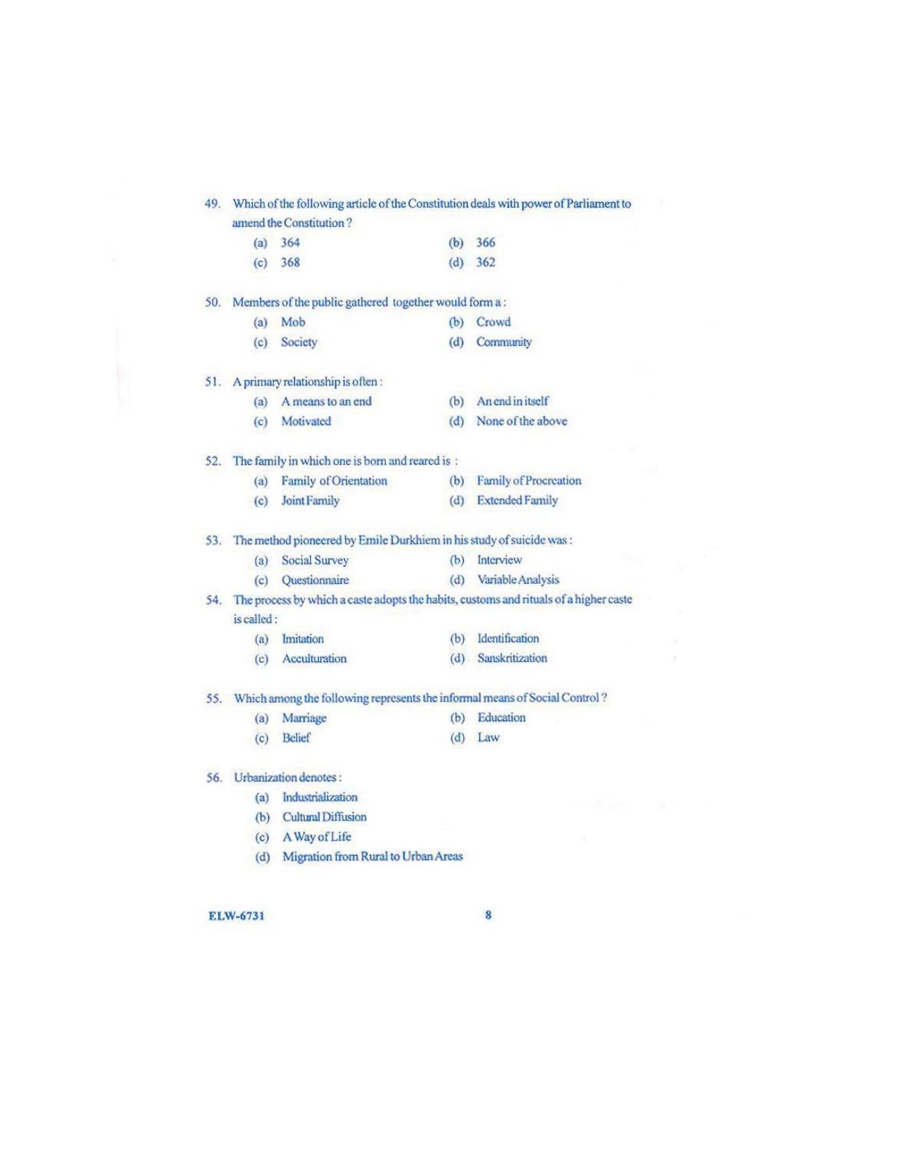 KUET 2024 M.A. Social Work Question Paper - Page 98