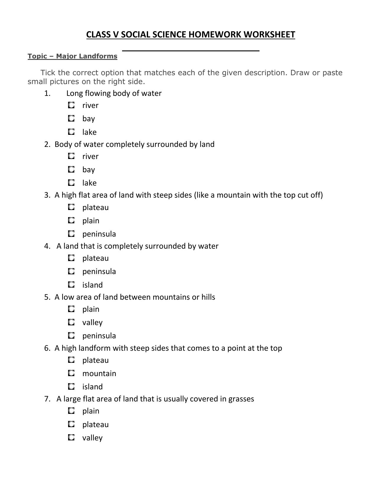 Worksheet for Class 5 Social Science Major Landforms Assignment 2 - Page 1