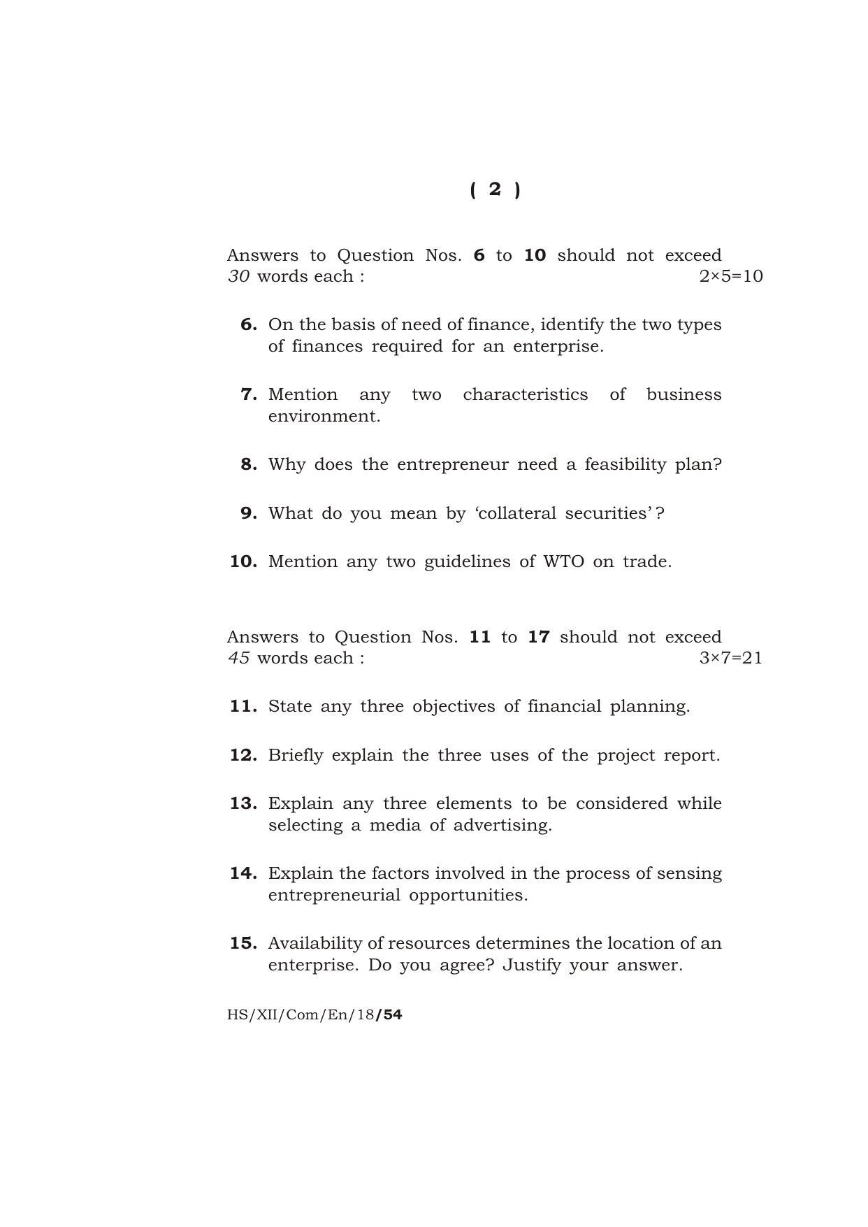 Meghalaya Board (MBOSE) Class 12 ENTREPRENEURSHIP 2018 Question Paper - Page 2