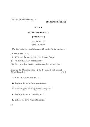 Meghalaya Board (MBOSE) Class 12 ENTREPRENEURSHIP 2018 Question Paper