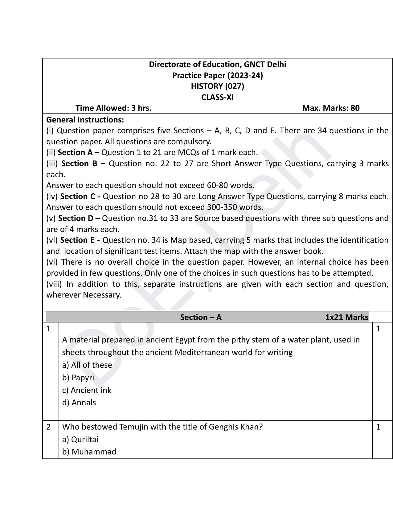 Edudel Class 11 History (English) Practice Papers-2 (2023-24) - Page 1