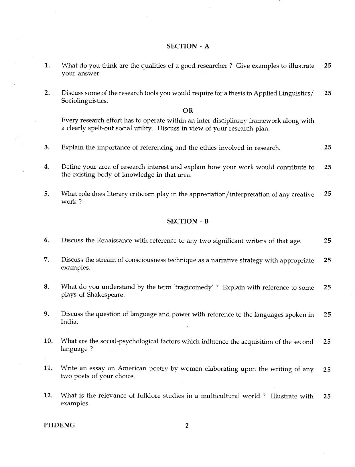 IGNOU PhD Entrance Test Ph.D (English) 2016 Question Paper - Page 2