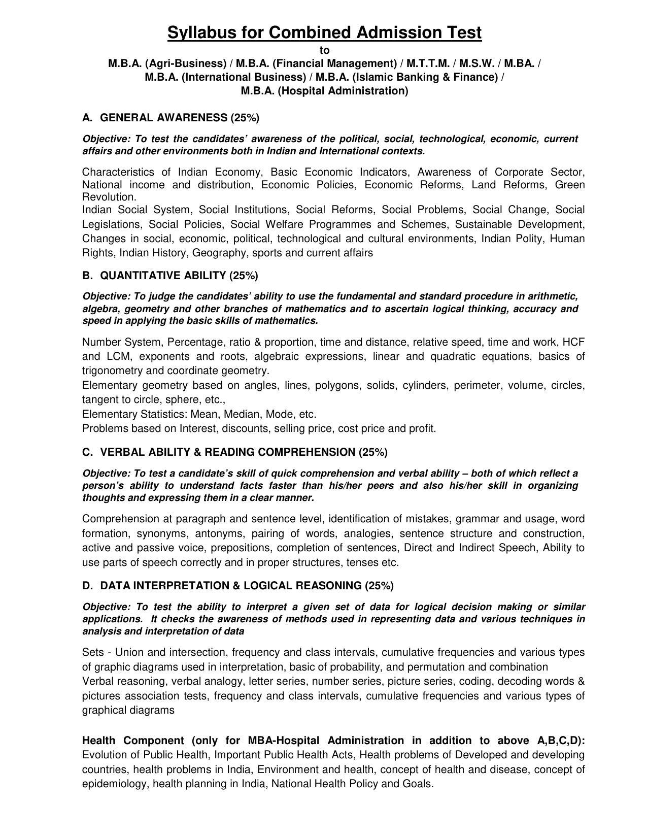 AMU Entrance Exam: AMU Entrance Exam: M.B.A.(Agribusiness) Syllabus - Page 1