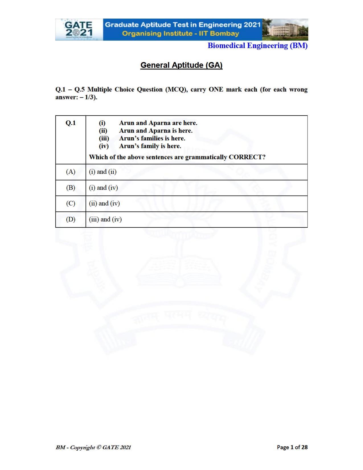 GATE 2021 Biomedical Engineering (BM) Question Paper - Page 1