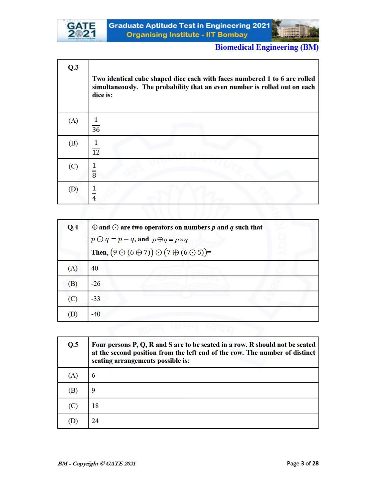 GATE 2021 Biomedical Engineering (BM) Question Paper - Page 3