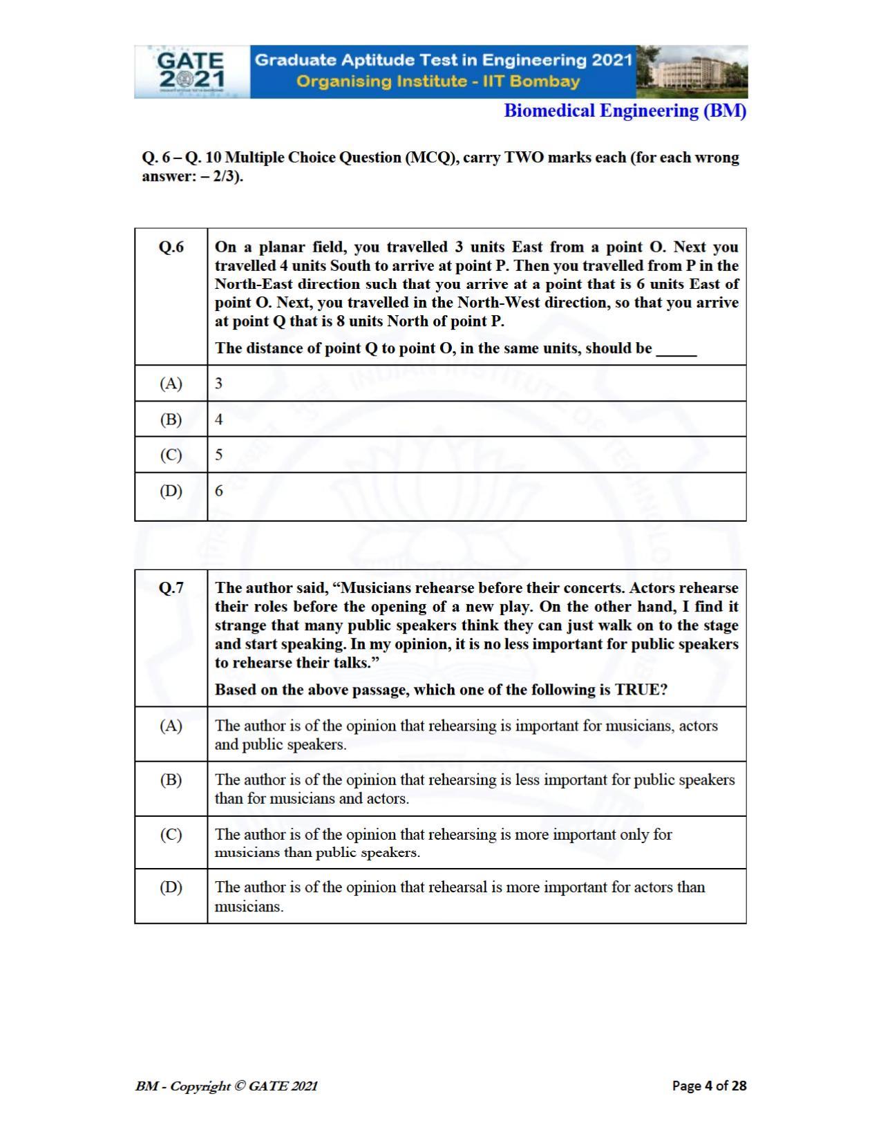 GATE 2021 Biomedical Engineering (BM) Question Paper - Page 4