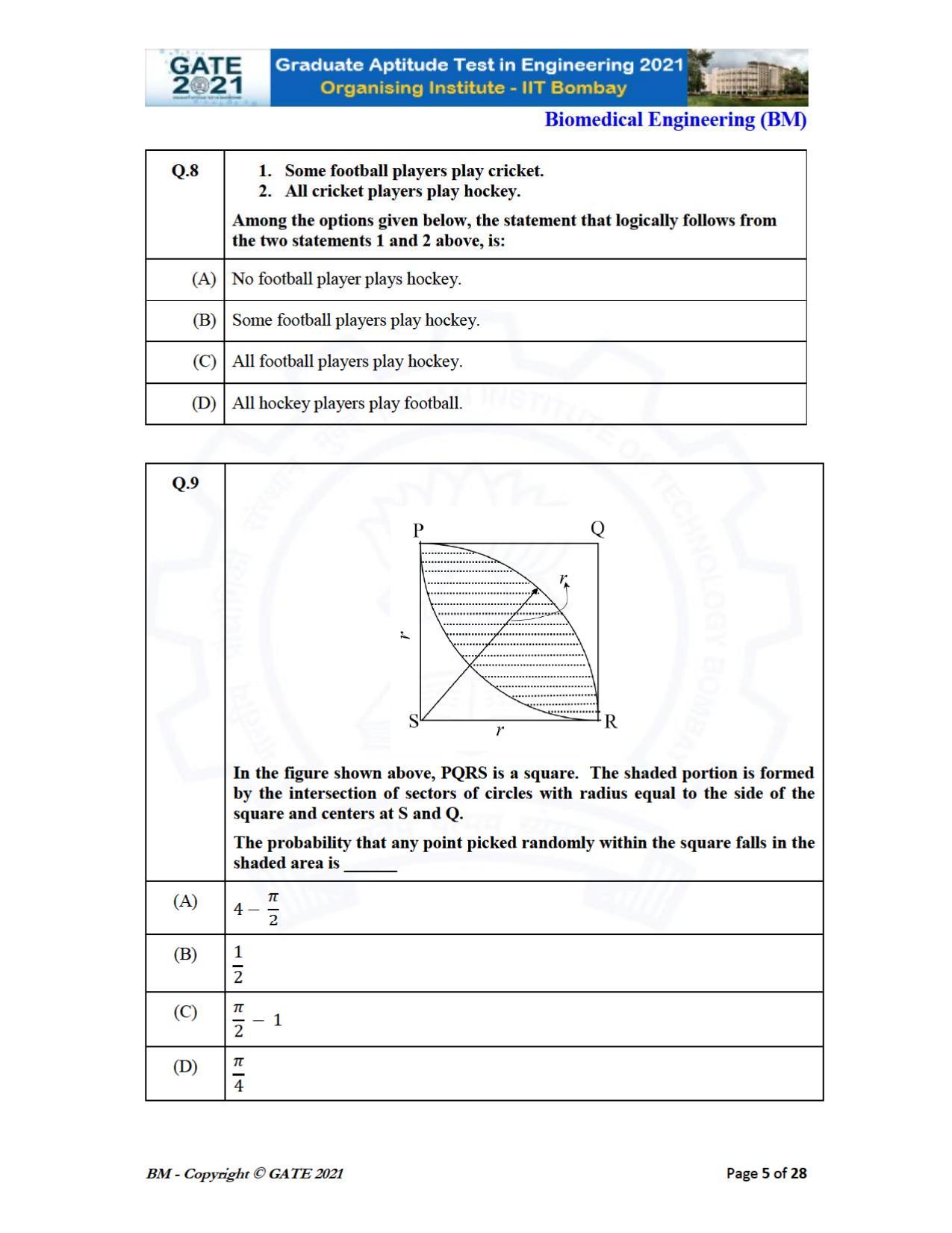GATE 2021 Biomedical Engineering (BM) Question Paper - Page 5