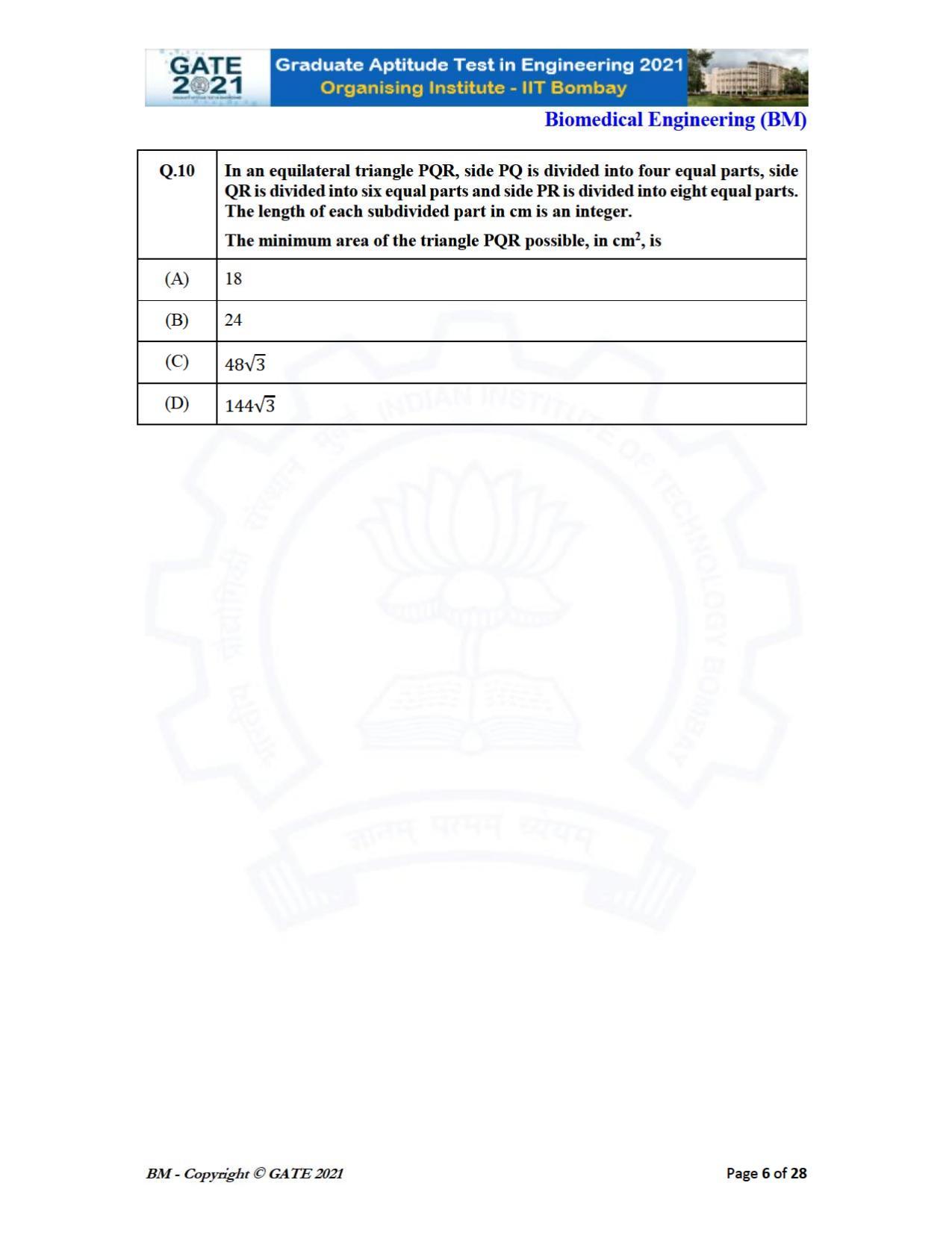 GATE 2021 Biomedical Engineering (BM) Question Paper - Page 6
