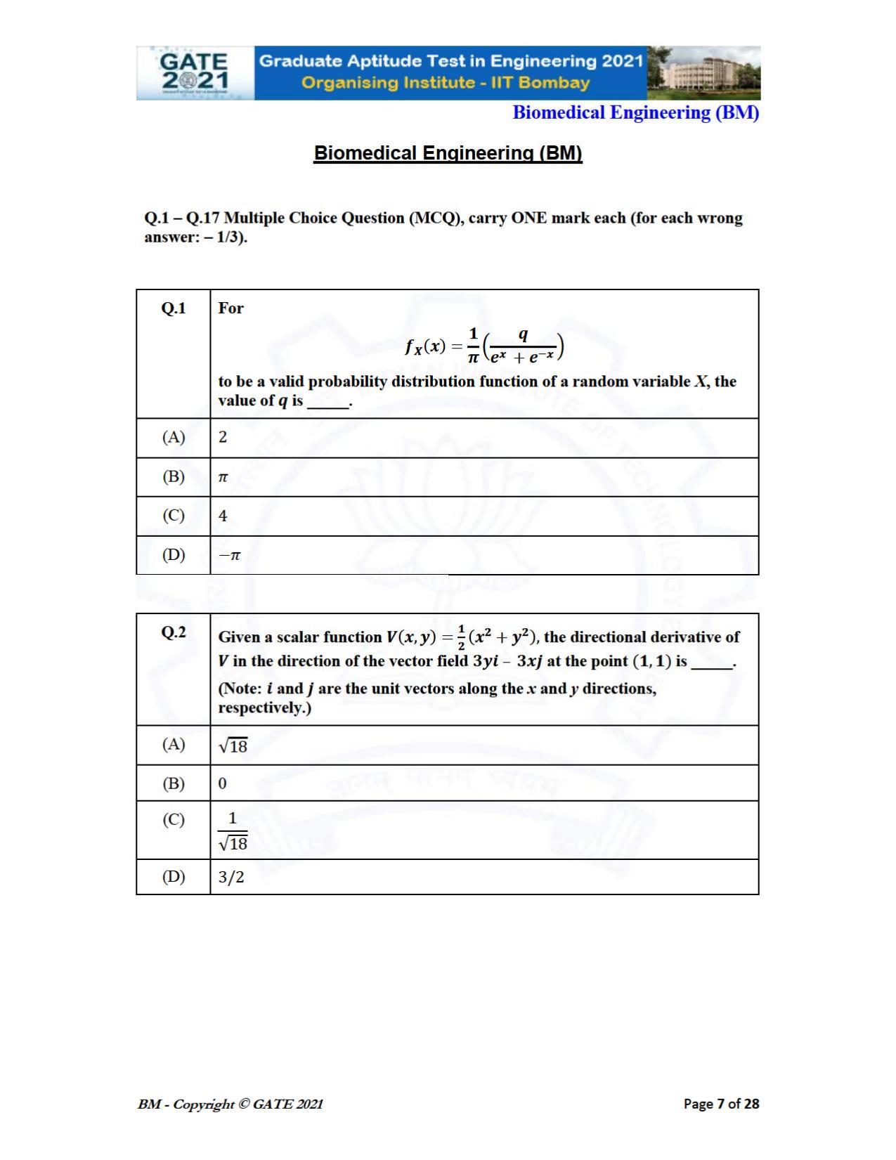 GATE 2021 Biomedical Engineering (BM) Question Paper - Page 7
