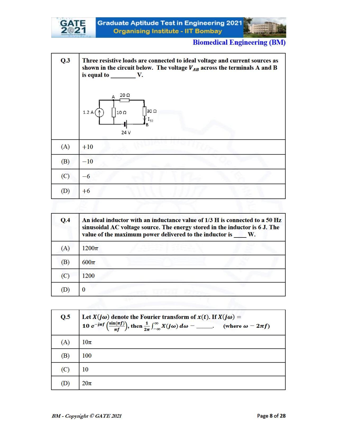 GATE 2021 Biomedical Engineering (BM) Question Paper - Page 8