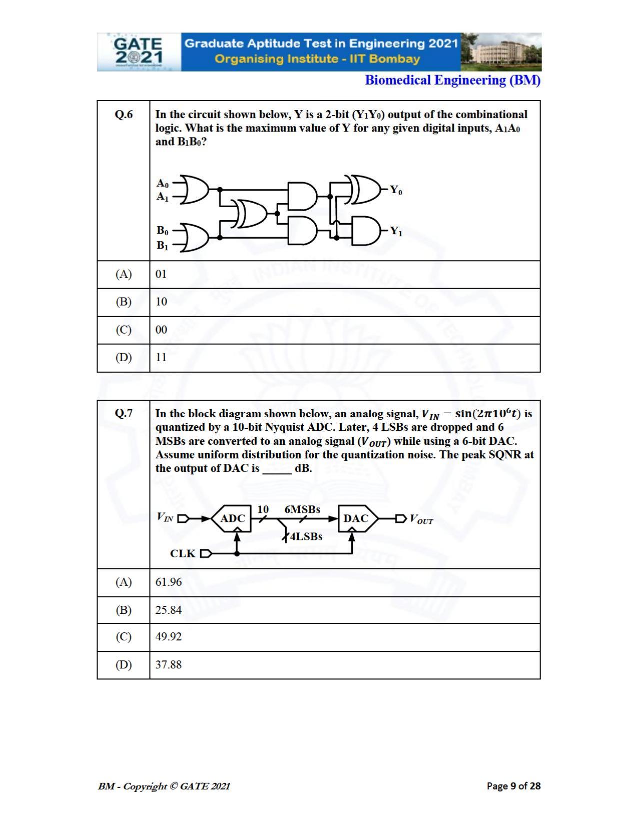GATE 2021 Biomedical Engineering (BM) Question Paper - Page 9