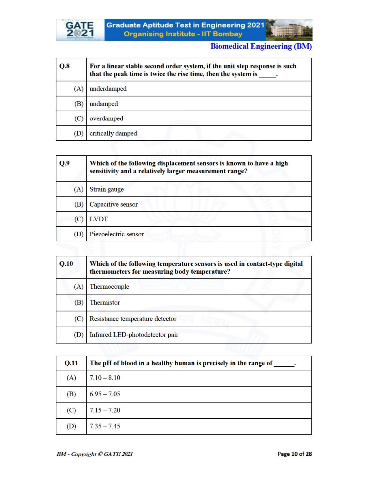 GATE 2021 Biomedical Engineering (BM) Question Paper - Page 10