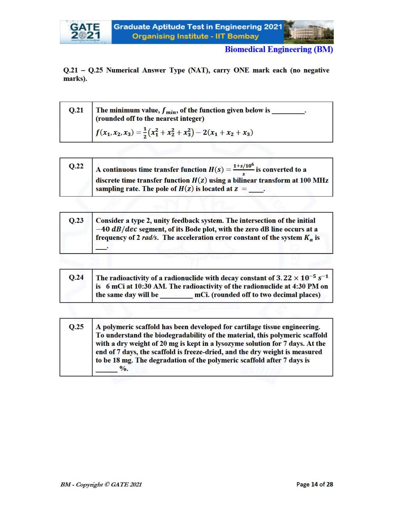 GATE 2021 Biomedical Engineering (BM) Question Paper - Page 14