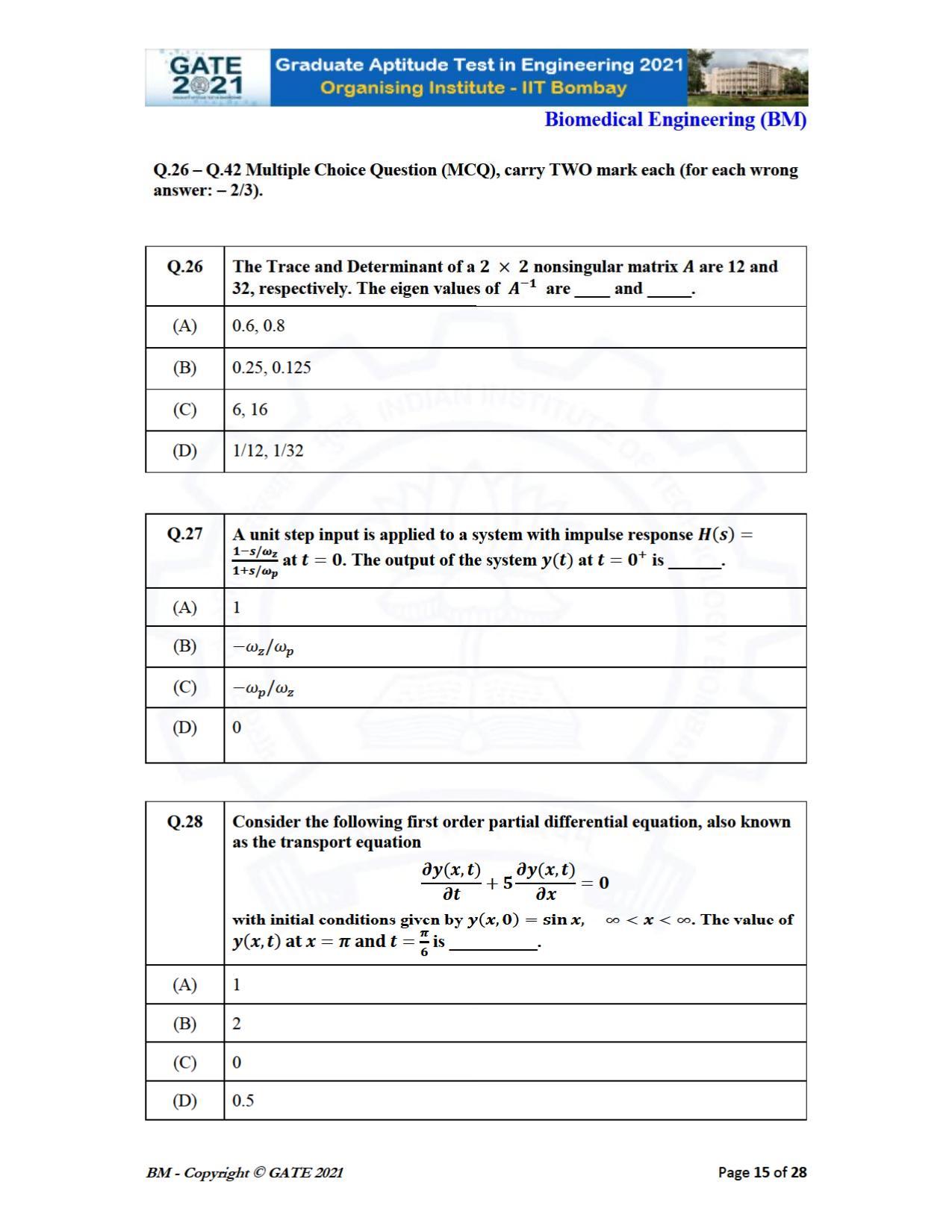 GATE 2021 Biomedical Engineering (BM) Question Paper - Page 15