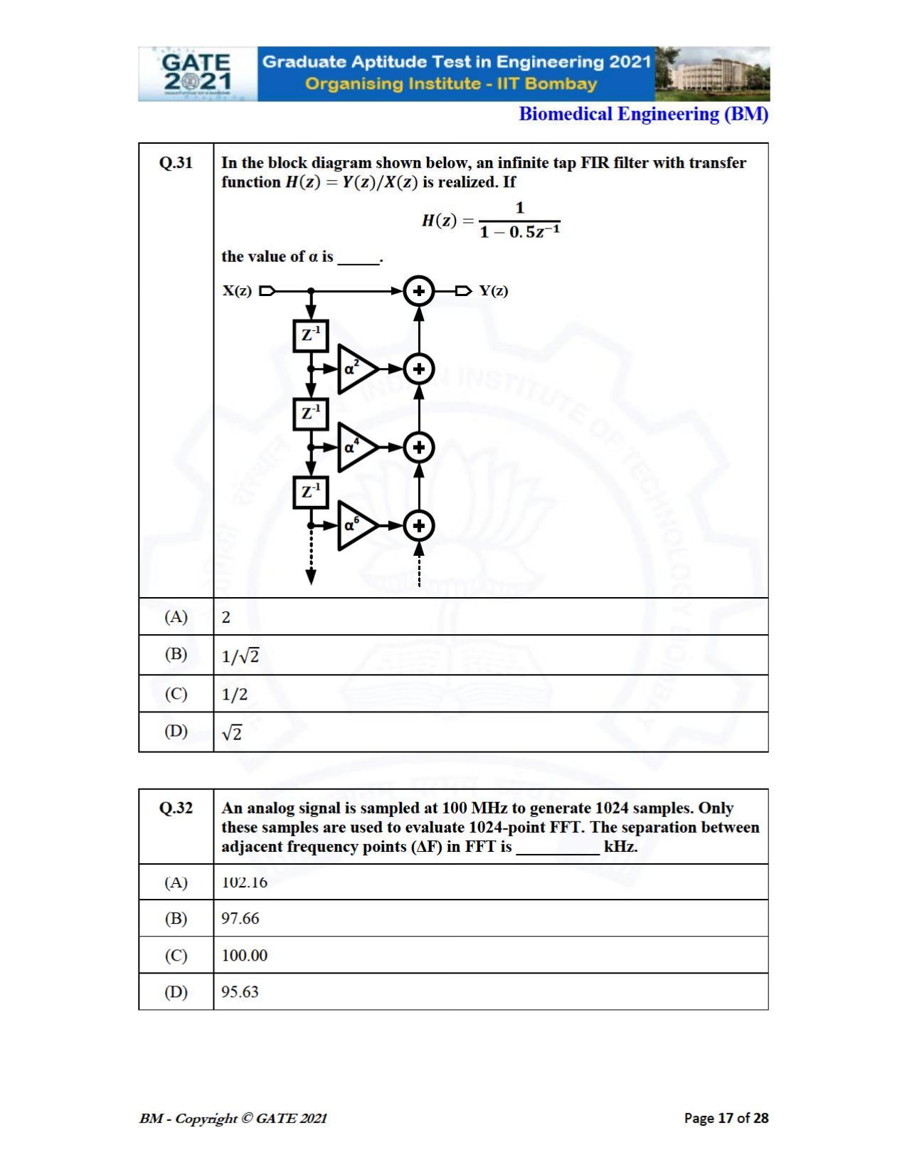 GATE 2021 Biomedical Engineering (BM) Question Paper - Page 17