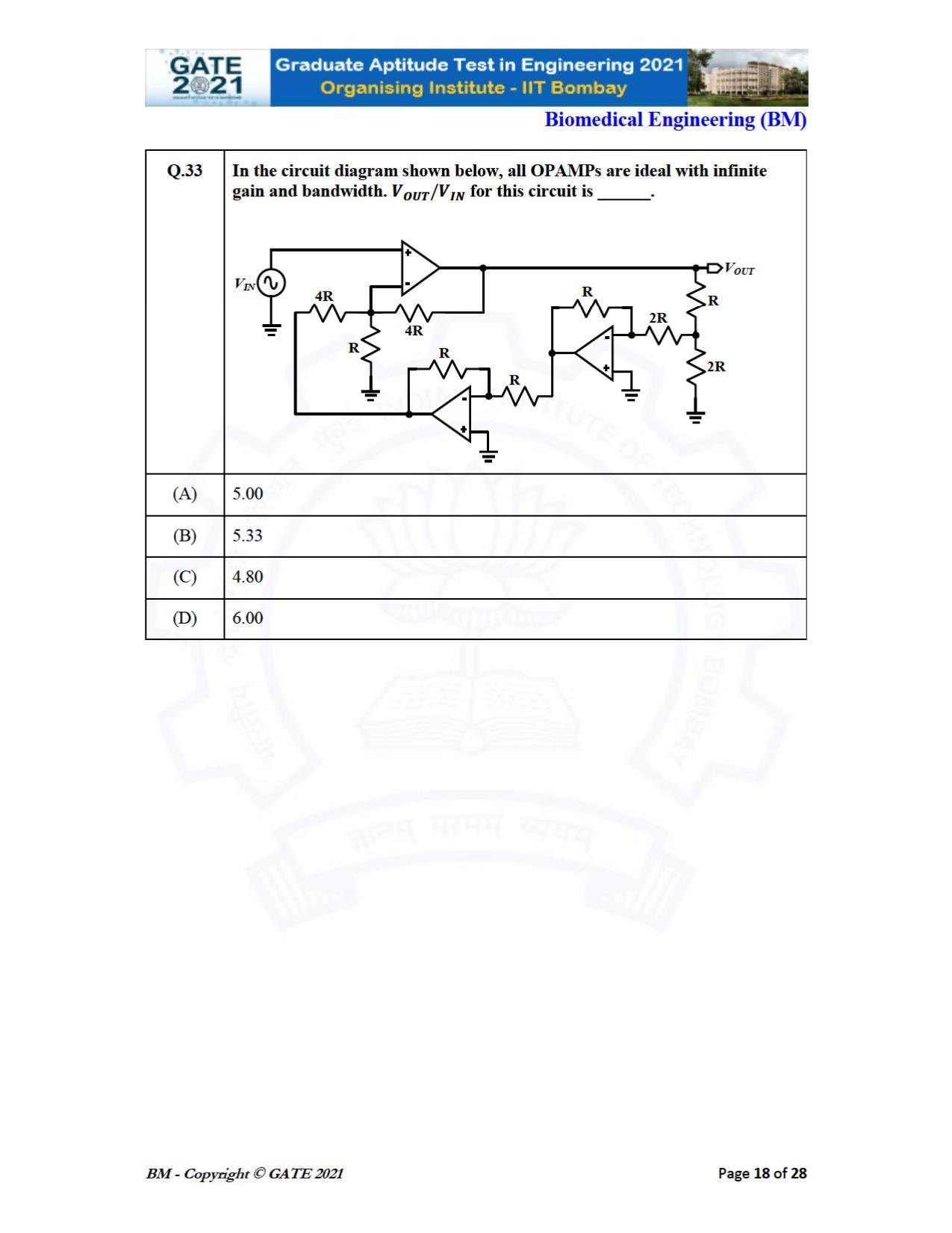 GATE 2021 Biomedical Engineering (BM) Question Paper - Page 18