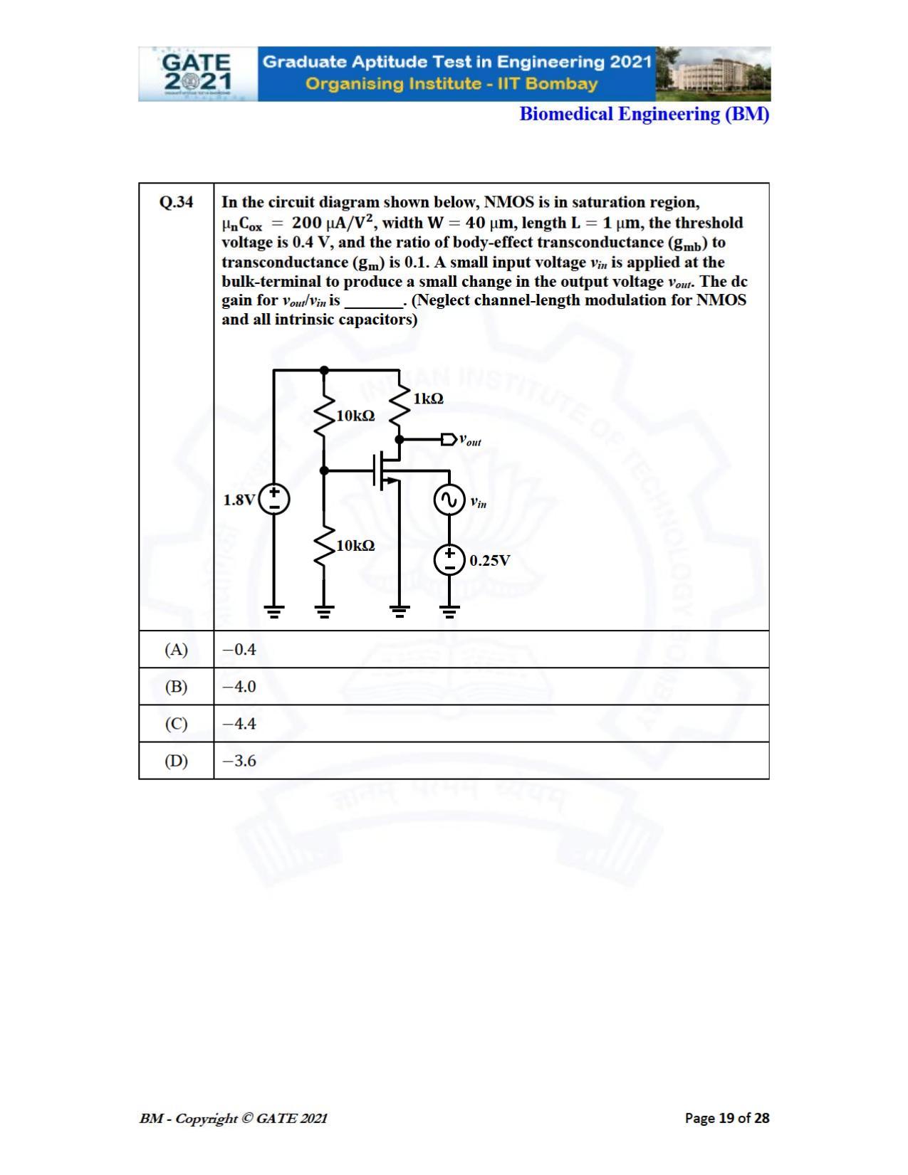 GATE 2021 Biomedical Engineering (BM) Question Paper - Page 19