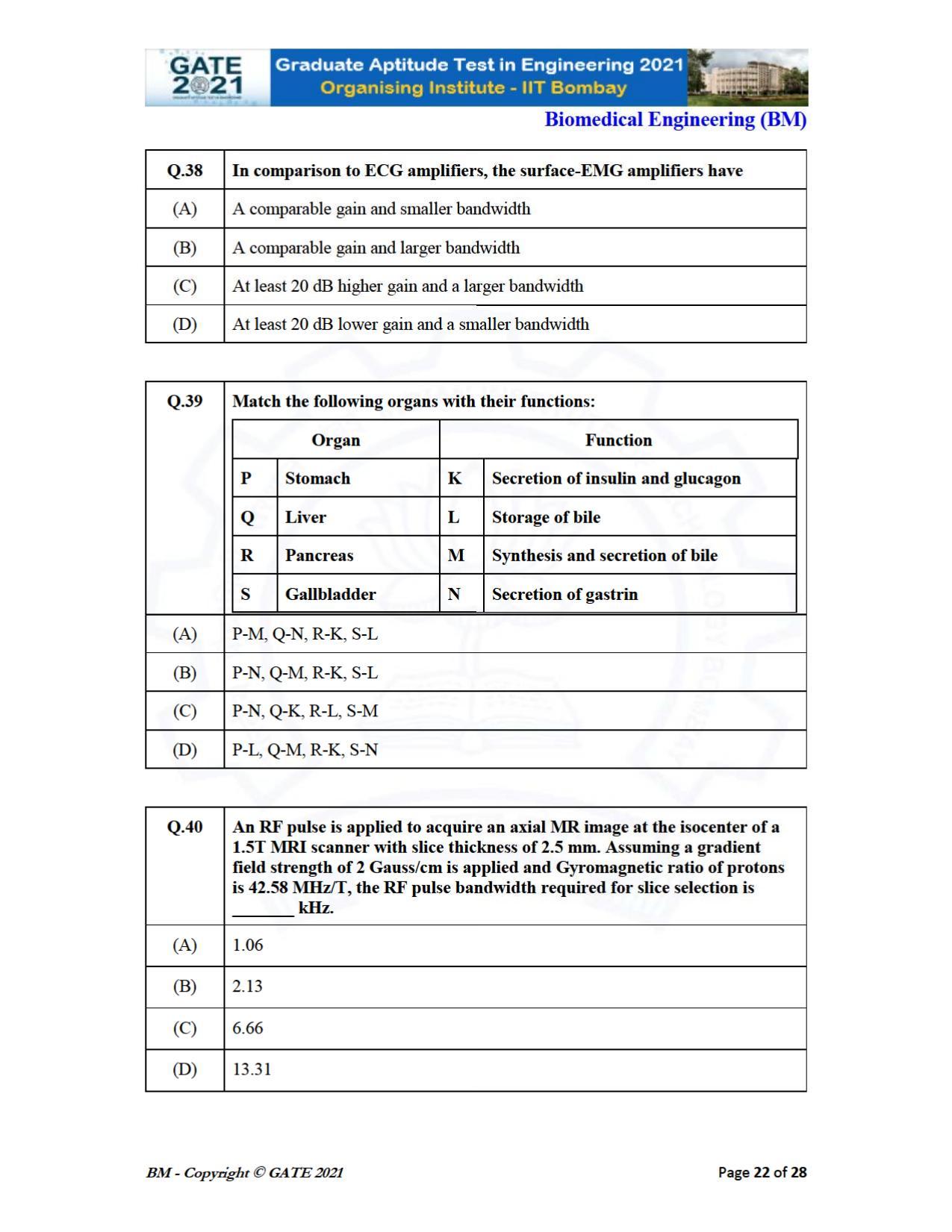 GATE 2021 Biomedical Engineering (BM) Question Paper - Page 22