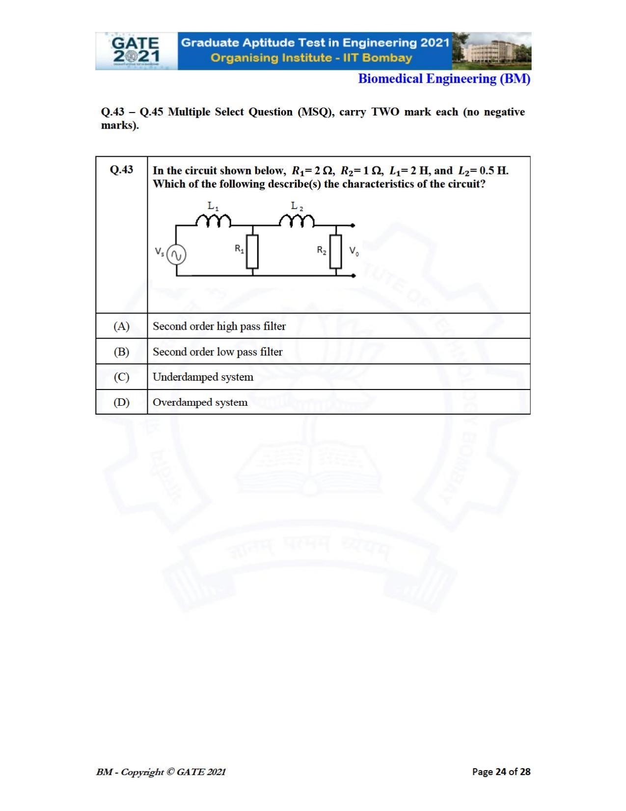 GATE 2021 Biomedical Engineering (BM) Question Paper - Page 24