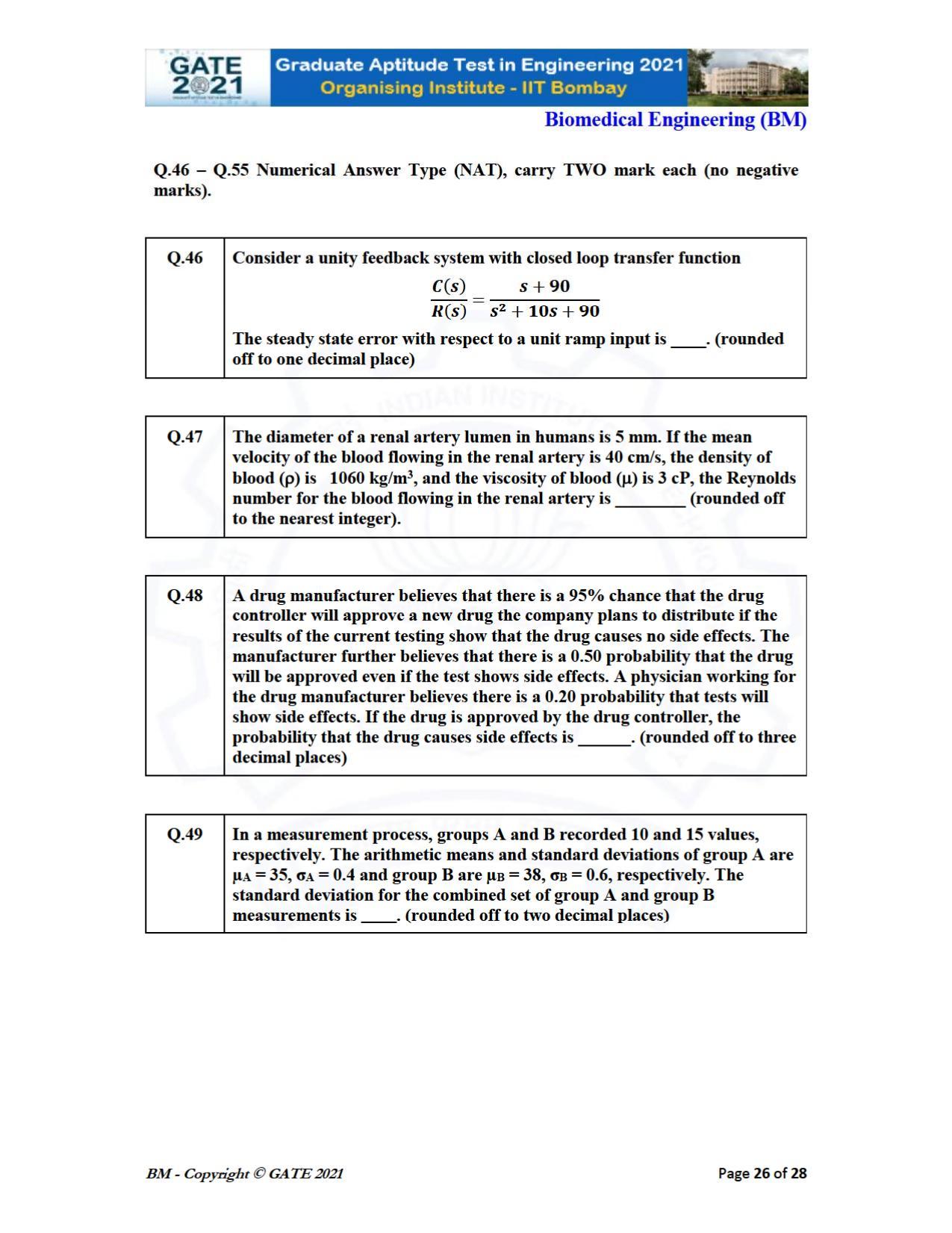 GATE 2021 Biomedical Engineering (BM) Question Paper - Page 26