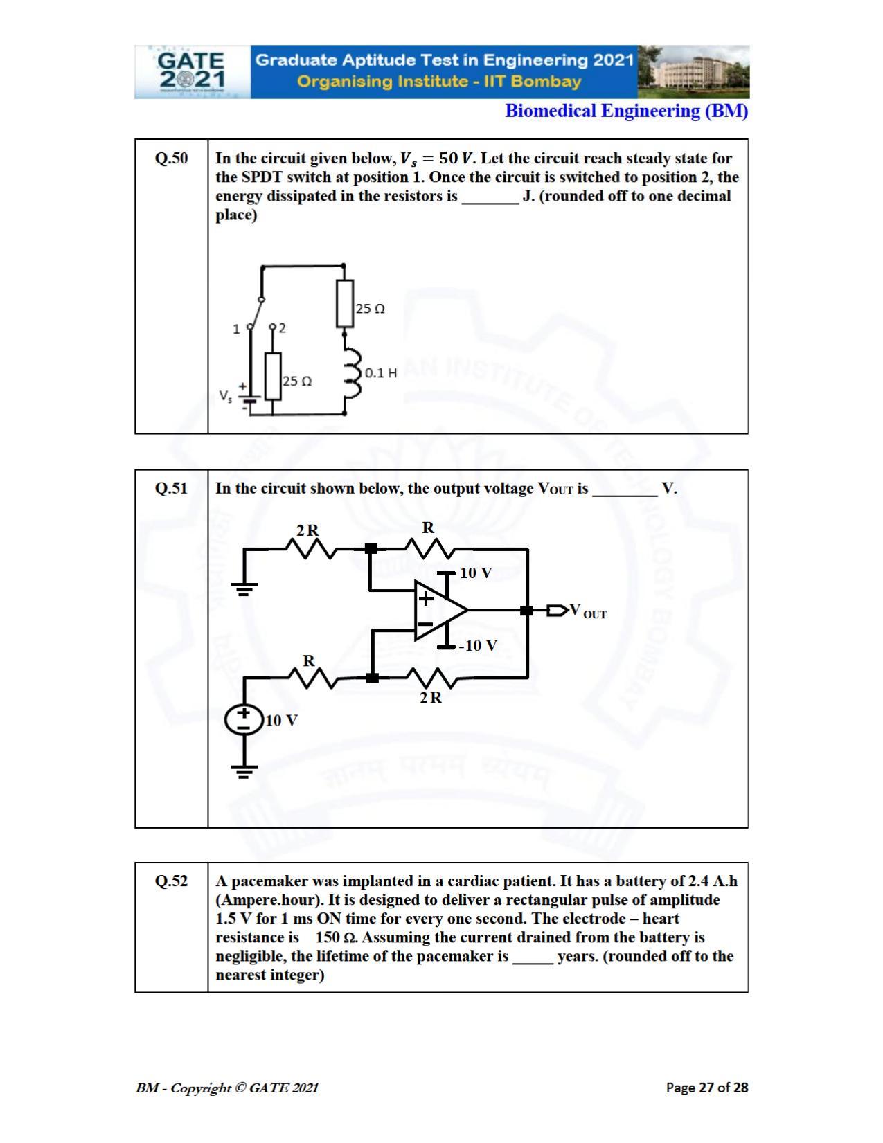GATE 2021 Biomedical Engineering (BM) Question Paper - Page 27