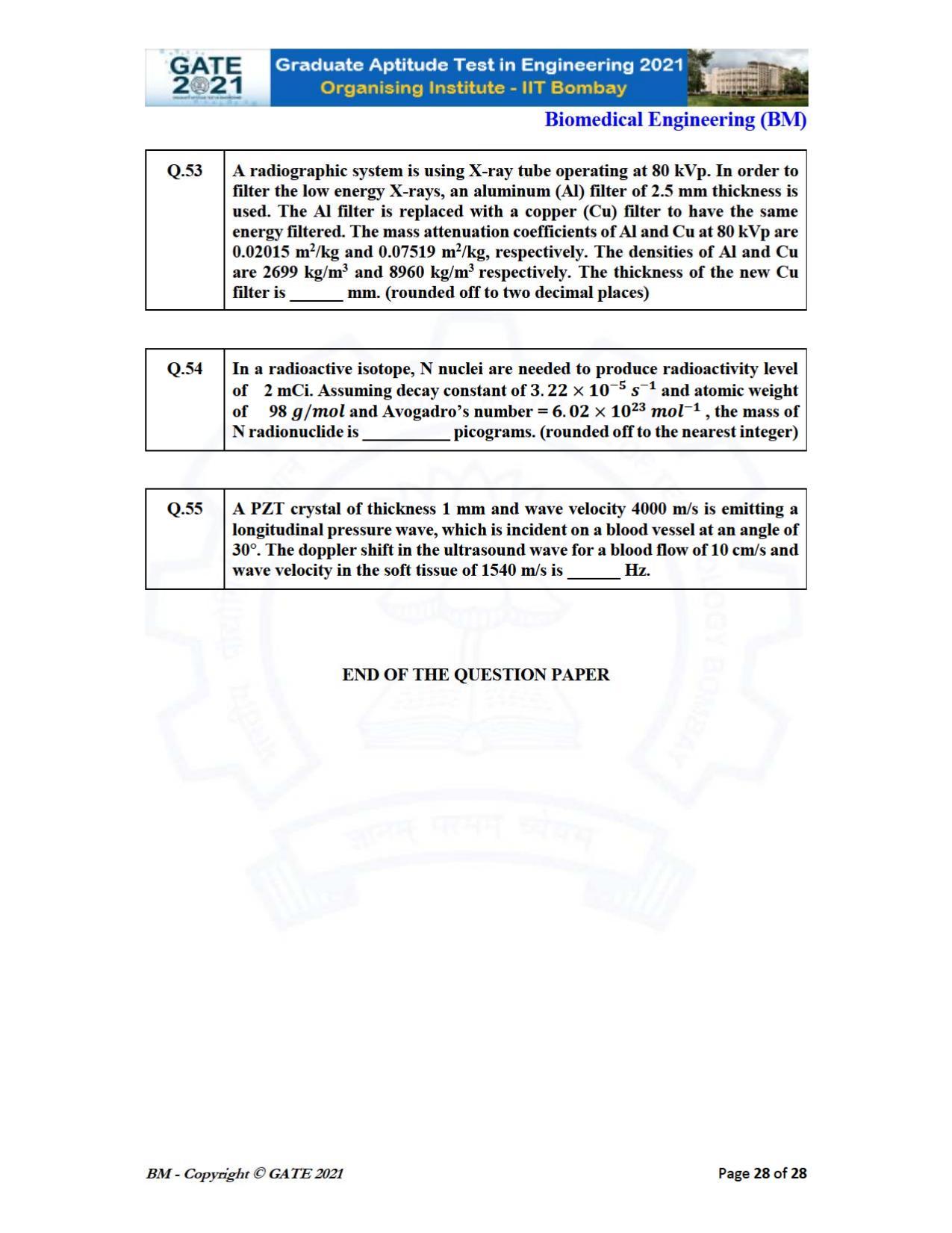 GATE 2021 Biomedical Engineering (BM) Question Paper - Page 28