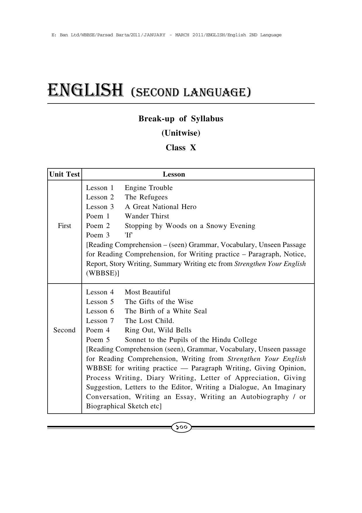 WBBSE Class X Syllabus Class X (English 2nd Language) - Page 1