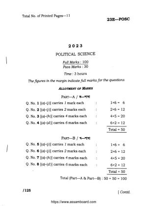 AHSEC Class 11 Political Science 2023 Question Paper