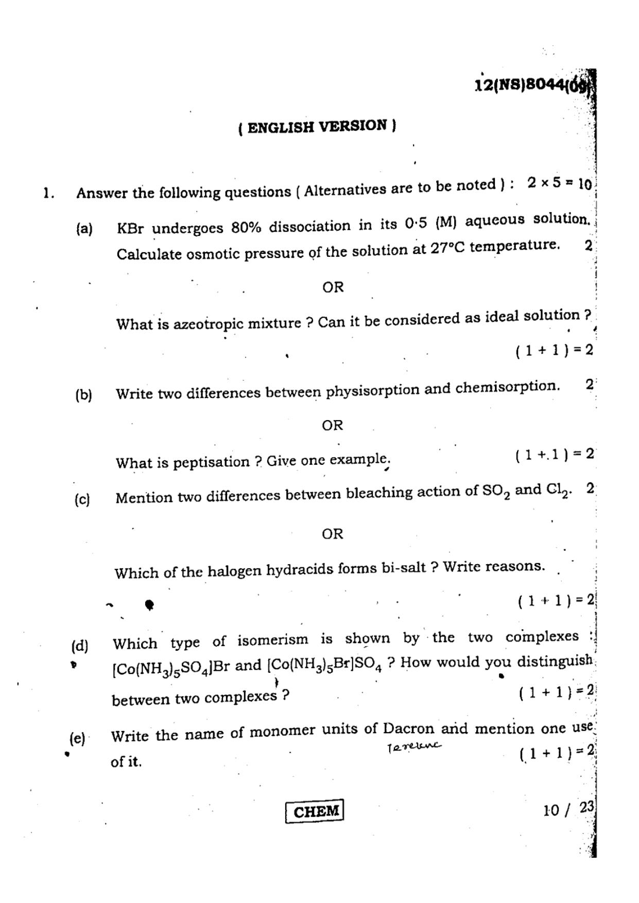 West Bengal Board Class 12 Chemistry - 12(NS)8044(09) - 2019 (E.M) Question Paper - Page 1
