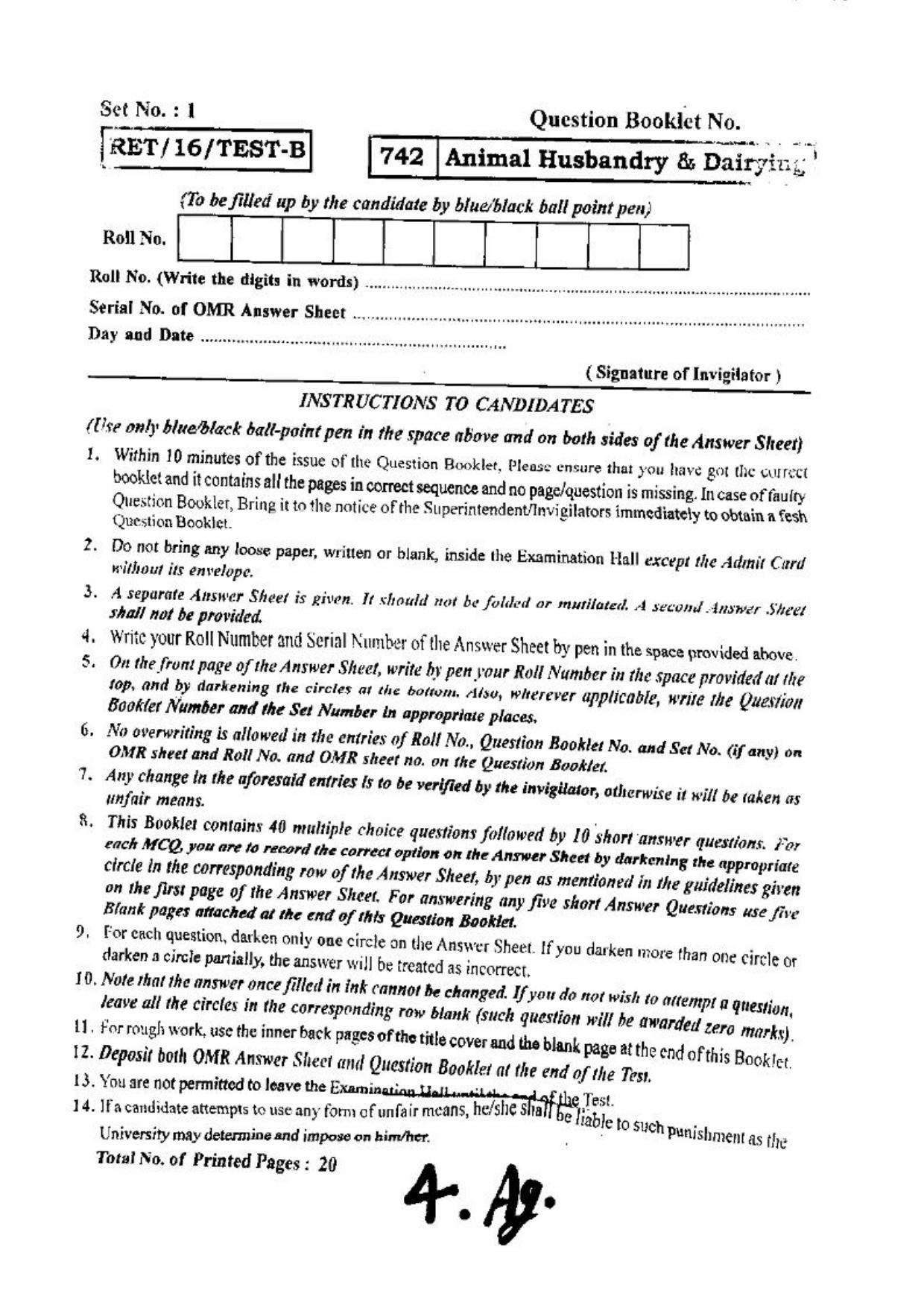 BHU RET (Agriculture) Animal Husbandry & Dairying 2016 Question Paper - Page 1