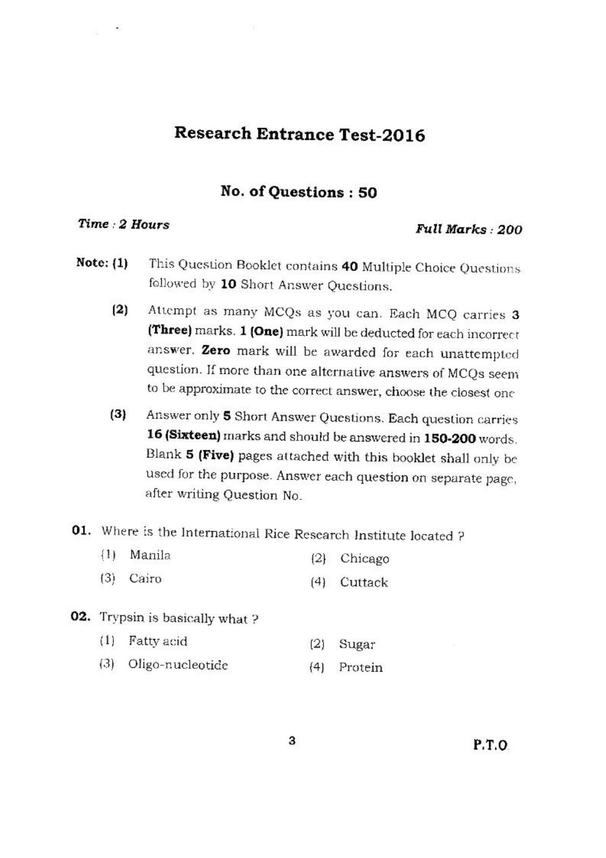 BHU RET (Agriculture) Animal Husbandry & Dairying 2016 Question Paper - Page 3