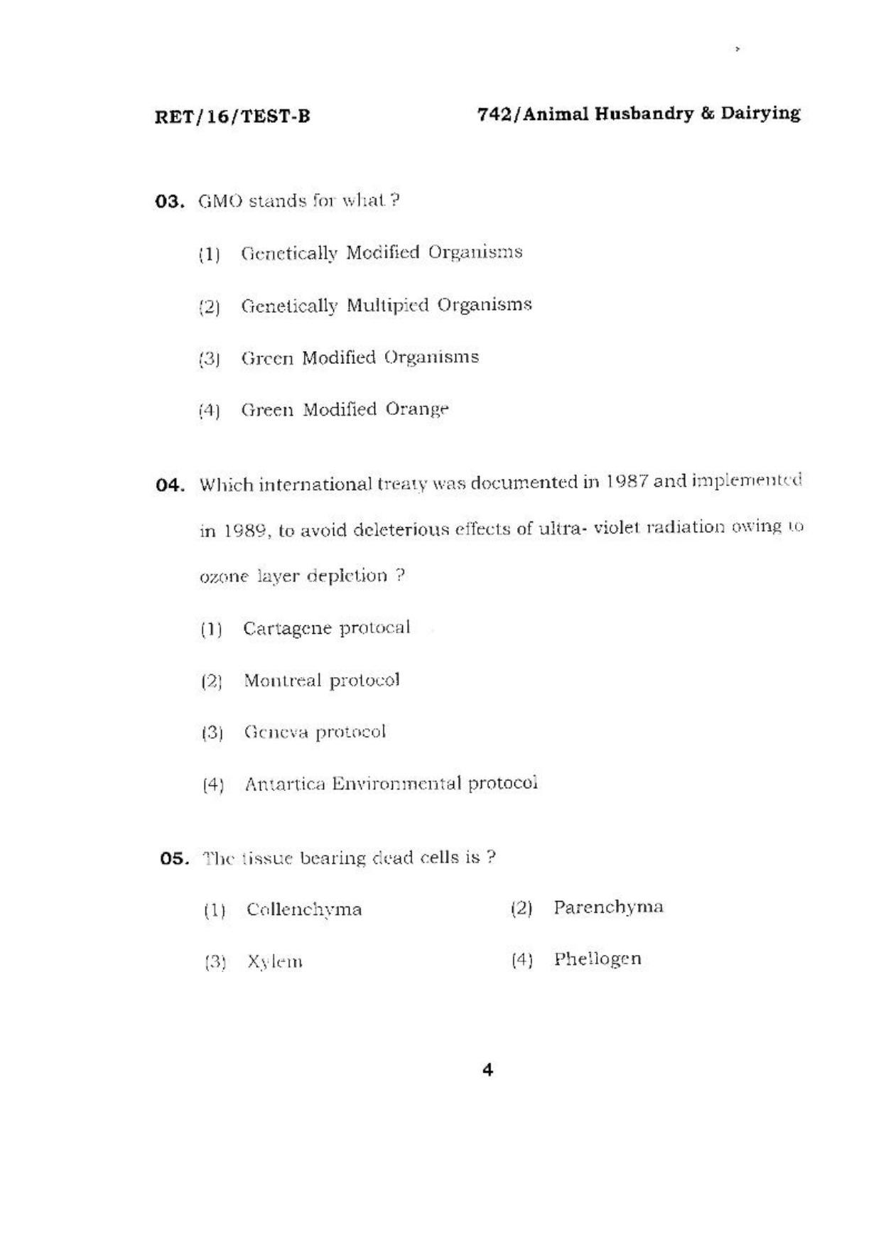 BHU RET (Agriculture) Animal Husbandry & Dairying 2016 Question Paper - Page 4