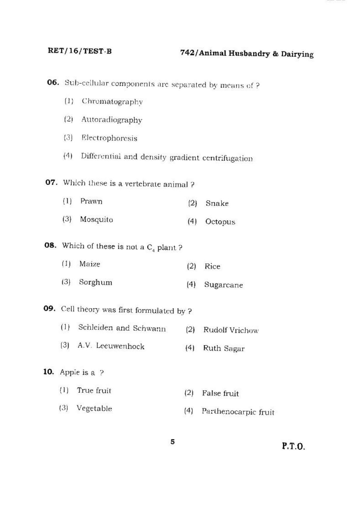 BHU RET (Agriculture) Animal Husbandry & Dairying 2016 Question Paper - Page 5
