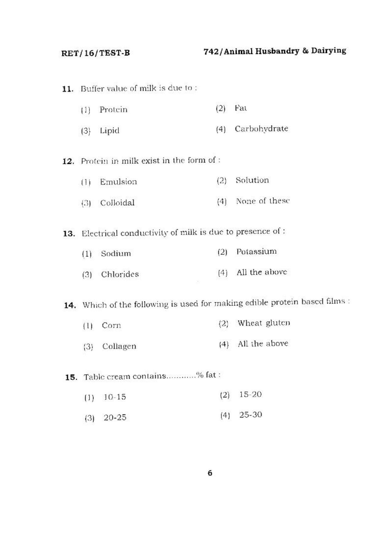 BHU RET (Agriculture) Animal Husbandry & Dairying 2016 Question Paper - Page 6
